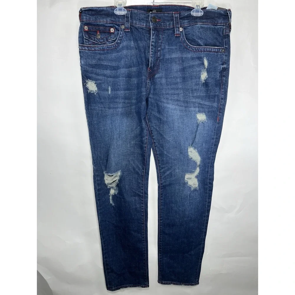 True Religion NWT Geno‎ Relaxed Slim Jeans Men's 38 Distressed Medium Wash Flap
